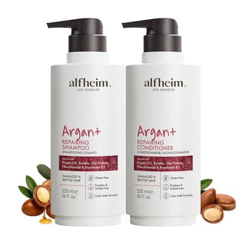 ALFHEIM Argan+ Repairing Shampoo & Conditioner Set for Dry, Damaged & Frizzy Hair with Argan Oil, Keratin, Oat Protein – Deep Repair, Moisture & Shine – Color Safe, Sulfate Free – 18 oz × 2