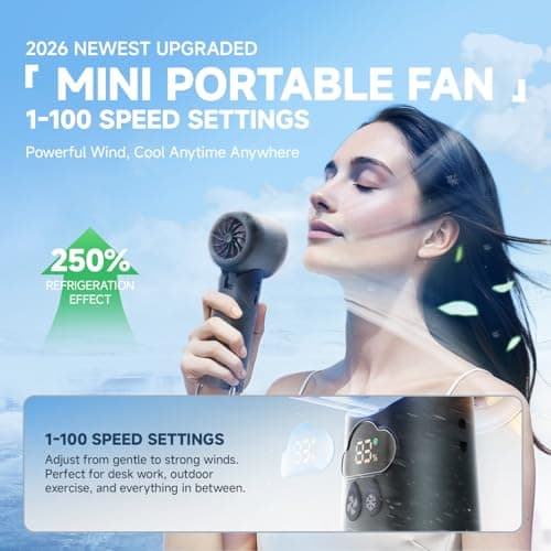 Portable Handheld Mini Turbo Fan, [100 Speeds & 15000RPM Coldest Turbo Hand Fan] 24h Max Cooling, Rechargeable Mini Pocket Fan, LED Display Collapsible Personal Fan for Travel, Office (Grey) - Thumbnail 2