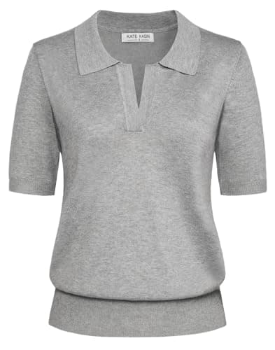 Kate Kasin Women Short Sleeve Polo Sweater Tops Lightweight Summer V Neck Soft Knit Pullover Shirt Light Gray S - Image 1