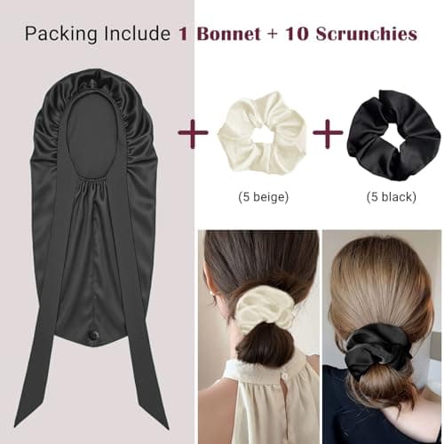 Women's Silky Bonnet - Long Tie Sleep Cap, Curly/Natural Hair, Adj. Night Hat, +10 Scrunchies, Mom/Wife - Thumbnail 4