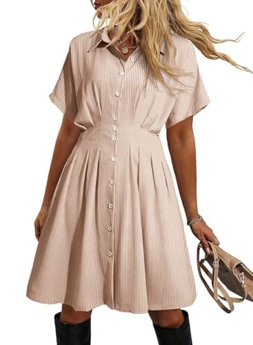 Dokotoo Womens Button Down Shirt Dress Oversized Casual Short Sleeve Collared V Neck Summer Mini Dresses Short Sleeve Business Causal Outifits Khaki Small - Image 1