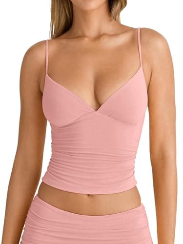 PINKMSTYLE Women's Sexy V Neck Ruched Cami Top Sleeveless Spaghetti Double Layer Fitted Crop Tank Tops Pink Small - Thumbnail 4