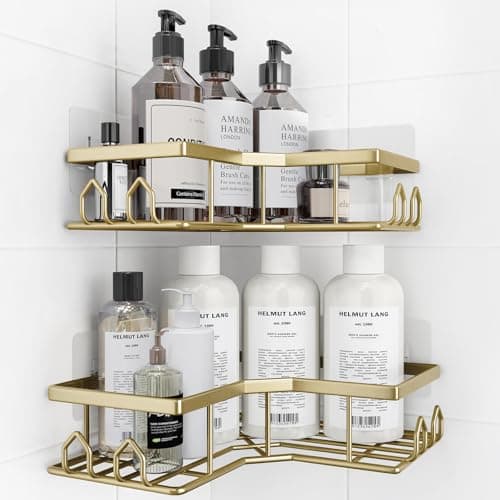 QHMCHLDZ Adhesive Shower Caddy, 2 Pack Corner Bath Organizer, Rustproof Stainless Steel Shower Shelves with Large Capacity, No Drilling Shelves for Bathroom Storage, Home, Kitchen Décor(Gold)