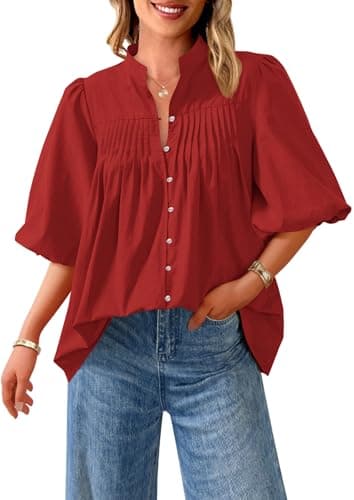 PRETTYGARDEN Women's 2026 Summer Short Lantern Sleeve Tops Loose Fit Button Down Shirt Pleated V Neck Blouses Trendy Clothes (Red,Small) - Image 1