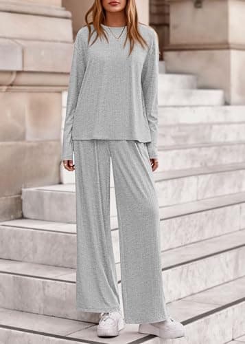 KIRUNDO Spring 2 Piece Lounge Sets for Women Long Sleeve Ribbed Knit Tops Wide Leg Pants Matching Travel Outfits Postpartum(Light Grey, Medium) - Thumbnail 5