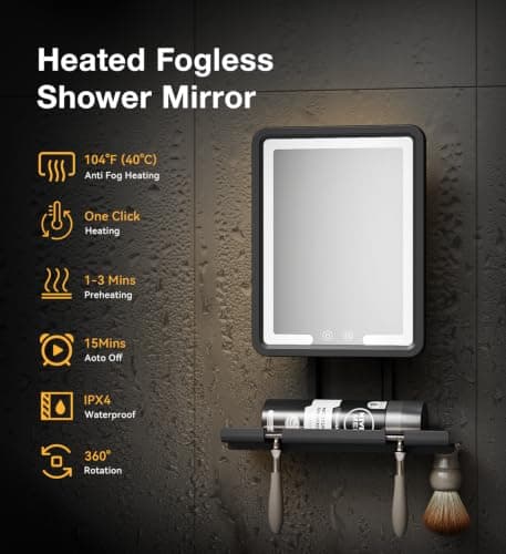 Shower Mirror Fogless for Shaving with Light - Heated Anti Fog Bathroom Mirror Razor Holder Recharegable 5000mAh Battery 3 Colors Dimmable Adhesive Wall Mount Shower Accessories Gift for Men(Black) - Thumbnail 3