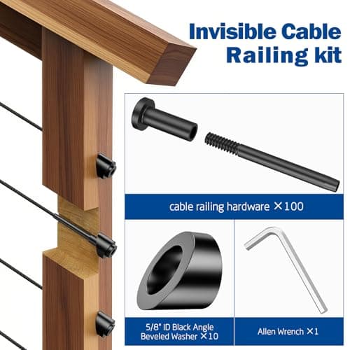 Cable Railing Kit, 100 PCS 1/8" Black Stainless Steel Invisible Receiver and Swage Stud End & 10 PCS 5/16" ID Black Angle Washers for Cable Railing, Cable Railing Hardware for Wood/Metal Post, Wrench - Thumbnail 2