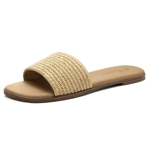 Athlefit Tan Raffia Flat Sandals for Women Dressy Square Open Toe Comfortable Slip On Beach Casual Slide Sandals Size 6 - Image 1