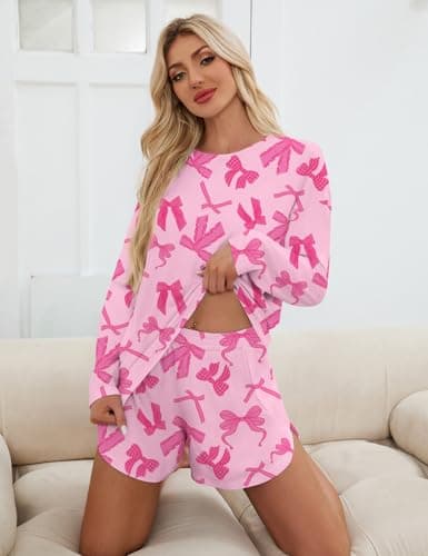JUSTFASHIONNOW Womens Pajama Sets Long Sleeve Top and Split Shorts Bow Print Two Piece Lounge Set Cozy Loungewear Crew Neck Sleepwear Soft Pjs Fall Winter Cute Outfits (Pink, Small) - Thumbnail 4