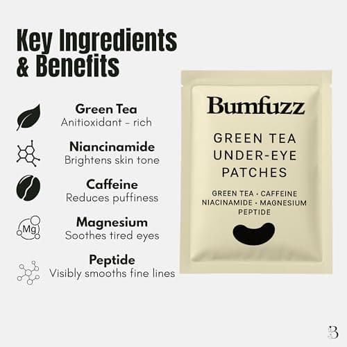 Bumfuzz Green Tea Under-Eye Patches (24 Pairs) | Depuff & Brighten Eye Gel Patches for Dark Circles & Tired Eyes | Plant-Based, Vegan with Caffeine, Niacinamide, Magnesium & Vegetable Peptides - Thumbnail 4