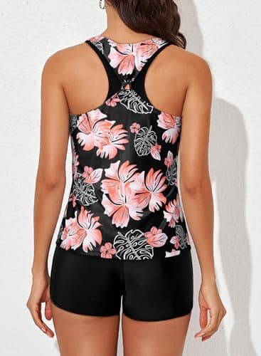 Aleumdr 2026 Womens Tankini Swimsuits Athletic 3 Piece Tummy Control Bathing Suits with Shorts Modest Tank Tops Pink Printed 20 Plus - Thumbnail 2
