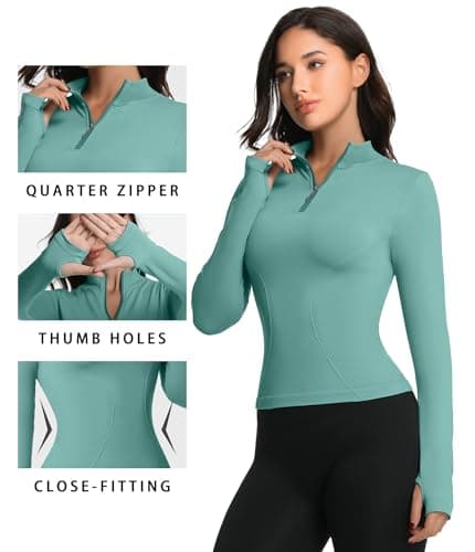 YOAKUKA Women's Long Sleeve Workout Tops Quarter Zip Pullover Workout Shirt Quick Dry Athletic Tops with Thumb Holes Light Blue - Thumbnail 5