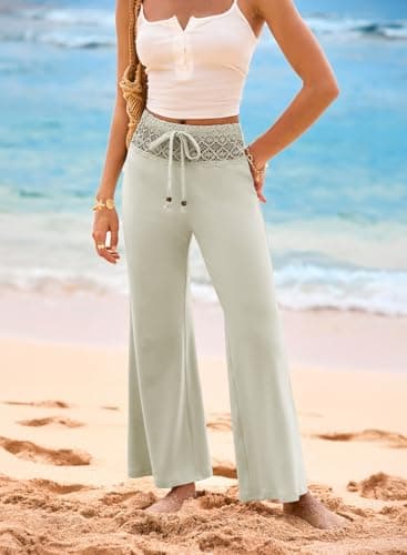 EVALESS Womens Wide Leg Pants Lace Gaucho Flare Pants Elastic High Waisted Palazzo Pants Cute Bell Bottoms Boho Holiday Trousers 2026 Fashion Spring Summer Concert Y2K Pants Light Green Medium - Thumbnail 3