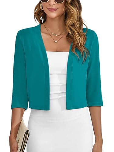 Heymoments Women's Thin Shrugs for Dresses Lake Blue Small Open Front Knit 3/4 Sleeve Lightweight Coat Cropped Tops Shawls and Wraps Cardigan Dressy Sweater Clothes - Image 1