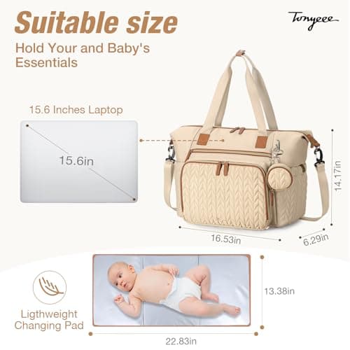 Tonyeee Diaper Bag Tote, Large Baby Diaper Bags Waterproof, Hospital Bag for Labor Delivery with Pacifier Case, Changing Pad, Shoulder Strap, khaki - Thumbnail 5