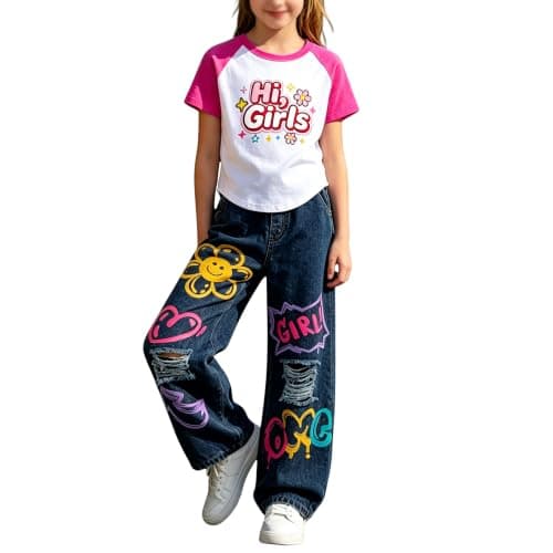 Zylvae Girls 2 Piece Outfit Set - Short Sleeve Color Block Tee & Denim Wide Leg Pants, American Style Letter Print, Soft Cotton Top, Cute Casual Jeans for Girls 9-10 Years - Image 1