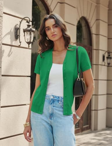 GRACE KARIN Summer Cardigan 2026 Knit Button Down Sweater Casual V Neck Short Sleeve Jacket Dressy (Green,L) - Thumbnail 2