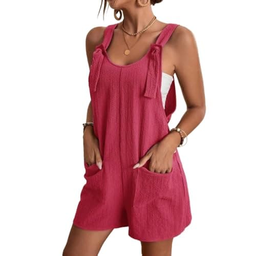 EGUGYDW Summer Rompers for Women Tie Knot Front Sleeveless Wide Leg Short Jumpsuits Rose Red XS - Image 1