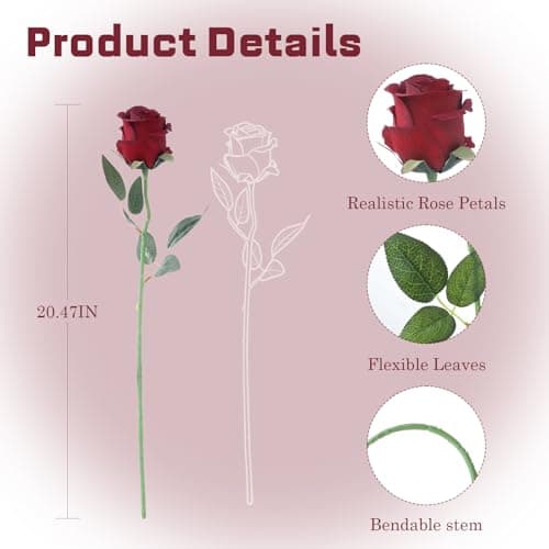 Wenhuidr 12pcs Dark Red Roses Artificial Flowers – Realistic Silk Velvet Fake Rose with Long Stems for Valentines Day Wedding Bouquets Home Decoration Party Centrepieces & DIY Floral Arrangements - Thumbnail 3