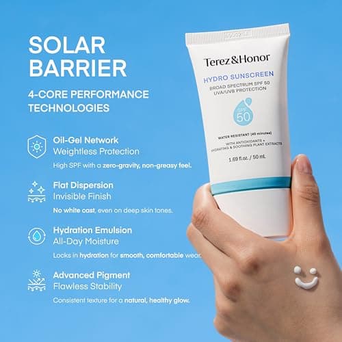 Terez & Honor Sunscreen for Face: Hydrating Face Sunscreen Broad Spectrum SPF 50 with UVA/UVB Protection - Moisturizing, Soothing, Water-Resistant, No-White Cast & Non-Greasy - Korean Sun Care 1.69oz - Thumbnail 4
