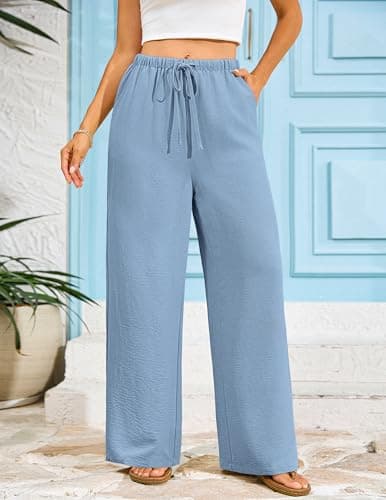 LOOKBOHO Women's Wide Leg Beach Pants Elastic Waist Lightweight Casual Flowy Palazzo Lounge Trousers with Pockets Grey Blue XL - Thumbnail 5