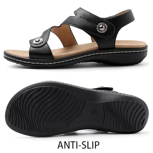 Goldnut Flat Black Sandals For Women Dressy, Ankle Strap Arch Support Black Walking Comfortable Flats Open Toe Sandal Medium US Size 9 - Thumbnail 4