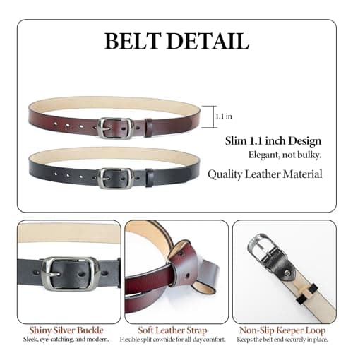 West Leathers [2 Pack Women's Belt Genuine Leather Belts - Classic Pin Buckle Cowhide Waist Belt for Jeans, Dresses, and Casual Outfits (X-Small: 25"-26") - Thumbnail 3