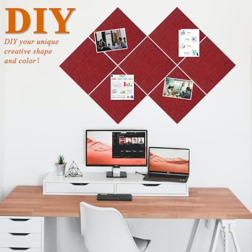 HULAVO Large Square Felt Cork Board Tiles, Self Adhesive DIY Felt Bulletin Board Pin Board with 35 Pushpins for Office School Home Wall Decor Stickers Memos Photos Display (Red) - Thumbnail 3