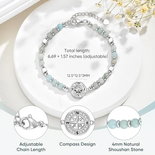 Silver Compass Beaded Bracelet for Women - Natural Stone Dainty Link Bracelet with Cubic Zirconia Compass Charm Womens Adjustable Stackable Bracelets Trendy Jewelry Gift Her Travel Going-Away Graduation - Thumbnail 4