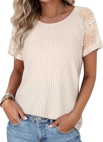 Pleneal Women's Short Sleeve Shirts Womens Summer Lace Tops Round Neck Dressy 2026 Spring Trendy Casual Business Clothes Apricot - Image 1