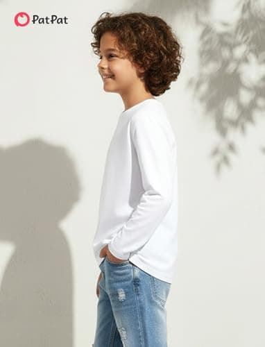PATPAT Boys White Long Sleeve Shirt Size 15-16 Cotton Crew Neck Long Sleeve Tees White Shirts for Boy, Teen Boys Clothes - Thumbnail 3