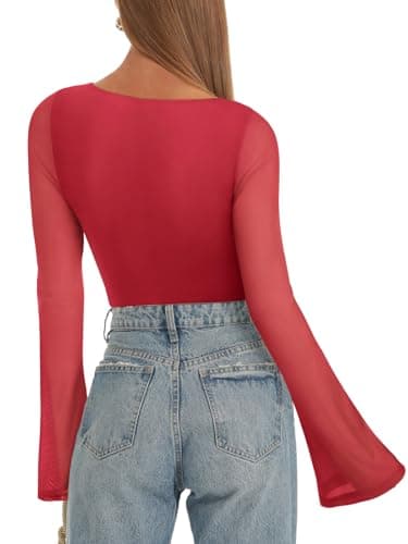 REORIA Women’s Fashion Sexy Boat Neck Classy Bell Sleeve Double Lined Sheer Mesh Cute Night Out Bodysuit Tops For Party Red XX-Large - Thumbnail 4