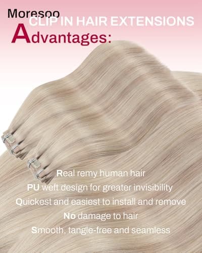 Moresoo Seamless Clip in Hair Extensions Real Human Hair Blonde Highlight Remy PU Weft Human Hair Clip in Extensions for Women Cool Ash Brown with Bleach Blonde with A Hint of Pink 7pcs 120g 20Inch - Thumbnail 2