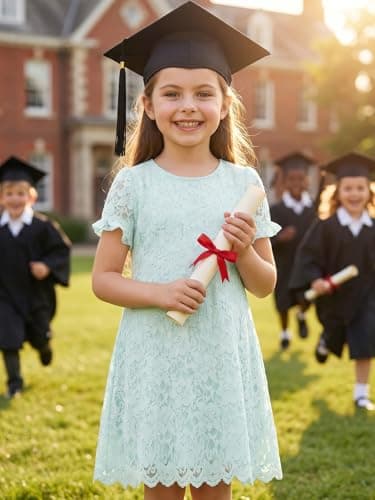 ALLOVIN Girls & Toddlers Graduation Soft Lace A-Line Short Sleeve Birthday Party Flower Girl Dress Wedding Communion | Blue | 6Y - Thumbnail 6