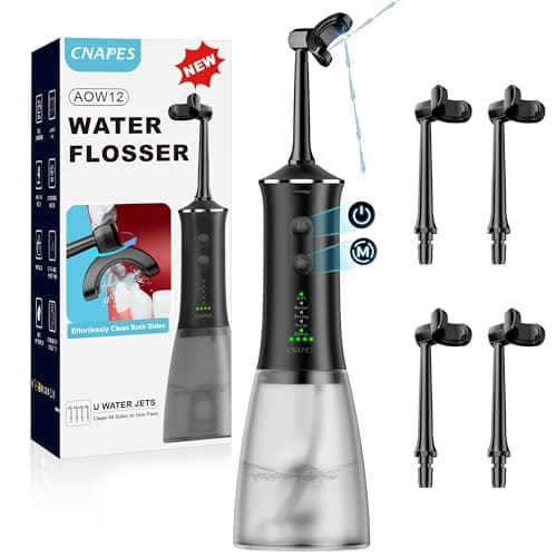 Cordless Water Dental Flosser with 4 U-Shaped Jet – Travel-Friendly, 350ML Larger Tank, 4 Modes & 4 Speeds, 360° Nozzle, Powerful Battery, Cleans Inner/Outer Teeth in One Pass,Black