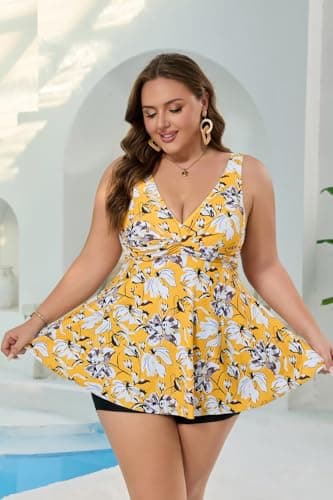 COCOPEAR Plus Size Swimsuit for Women Crossover Swim Dress 2 Piece Swimsuit for Women Tankini Bathing Suits - Thumbnail 5