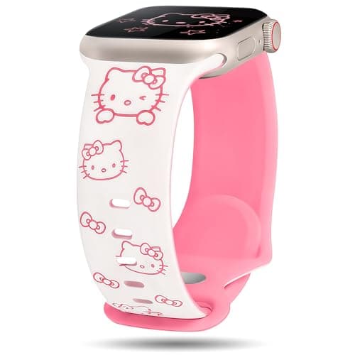 Girovo Cute Cat Engraved Band Compatible with Apple Watch Bands for Women 44/45/46/49/42mm, Funny Stylish Sport Soft Silicone Strap for iWatch Series 11 10 9 8 7 6 5 4 3 2 1 SE Ultra White/Rose Pink - Image 1