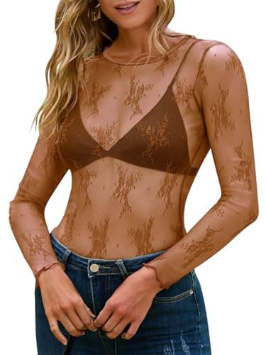 MEROKEETY Womens Long Sleeve Lace Sheer Mesh Top 2025 Crewneck Sexy Y2k See Through Going Out Blouse Shirts, Brown, X-Large - Image 1