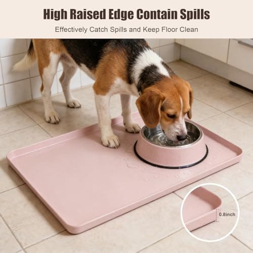Large Cat Dog Food Mat, 24” X 16” Waterproof Silicone Pet Feeding Mat with Raised Edges, Non-Slip Dog Placemats for Food and Water Bowl, Spill-Proof Mat to Protect Floors, Pink - Thumbnail 3
