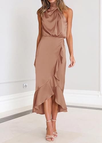 KIRUNDO Women 2026 Spring Summer Satin Mock Neck Wedding Guest Party Cocktail Midi Dress Sleeveless Wrap Ruffle Formal Dress(Champagne, Small) - Thumbnail 3