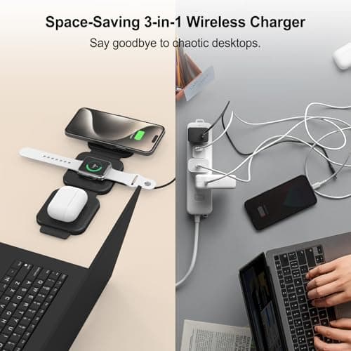 Wireless Charging Station for Apple Multiple Devices - 3 in 1 Foldable Magnetic Wireless Charger - Travel Charging Pad for iPhone 16 15 14 13 12 Pro Max Plus Watch & AirPods (Black) - Thumbnail 5