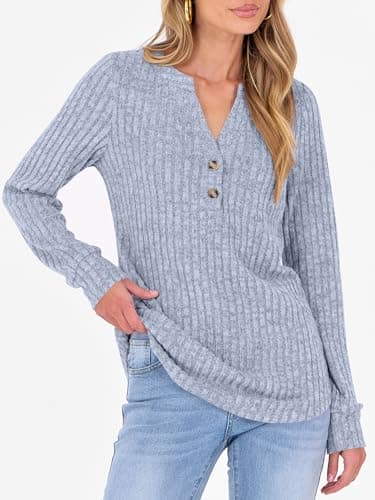 ANRABESS Womens Henley Shirts Long Sleeve Tunic Tops 2025 Fall Fashion Outfits Ribbed Knit Sweaters Ladies Casual Clothes Blue - Thumbnail 5