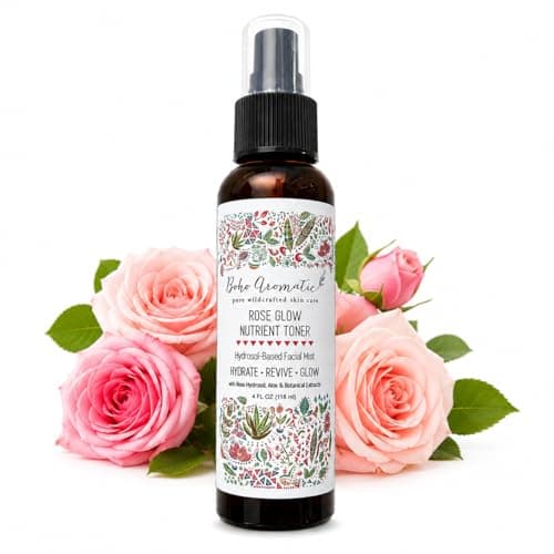 Boho Aromatic Rose Glow Nutrient Toner – Hydrosol-Based Facial Mist with Rose Hydrosol, Aloe Vera & Botanical Extracts – Hydrate, Revive & Glow – 4 fl oz