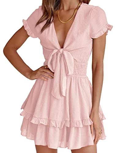 PRETTYGARDEN Women Summer Short Dress 2026 Casual V Neck Short Sleeve Tiered Bow Mini Sun Dresses Beach Vacation Sundress(Pink,XX-Large) - Image 1