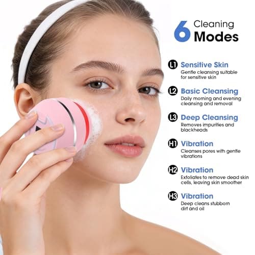 Electric Facial Cleaner with 6 Modes & 3 Light Effects, Rechargeable Waterproof Face Scrubber for Women and Men, Includes Extra Brush Head, Easy-Clean Hanging Design (Pink) - Thumbnail 3