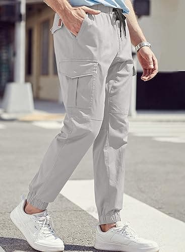 JMIERR Man Fashion Cargo Pants - Casual Cotton Tapered Stretch Twill Chino Athletic Joggers Sweatpants Drawstring Hiking Workout Trousers Travel Pants with Pockets for Men,US 36(L),A Grey3 - Thumbnail 6