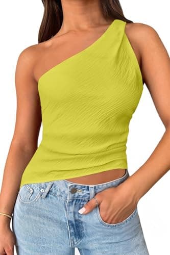 Cicy Bell Womens One Shoulder Tank Tops Summer Going Out Tops Ruched Asymmetrical Sleeveless Shirts Yellow Green - Image 1