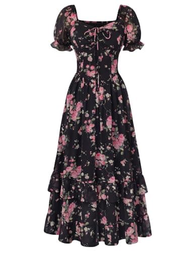 Scarlet Darkness Women Floral Cottagecore Dress Puff Sleeve Maxi Ruffled Corset Dress Black Pink Floral L - Image 1