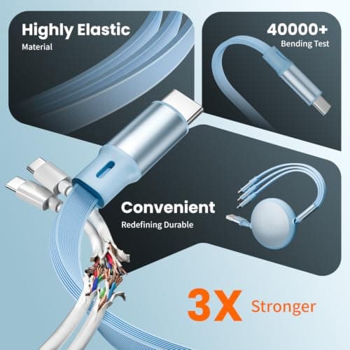 Multi Charging Cable,1Pack 4Ft Retractable Multi Charger Cable,3 in 1 Multiple Charging Cord, 3 in 1 Multi USB Cable with iPhone/Type-C/Micro USB Ports for Cell Phones/IP/Galaxy/PS/Tablets/iPads,Blue - Thumbnail 2