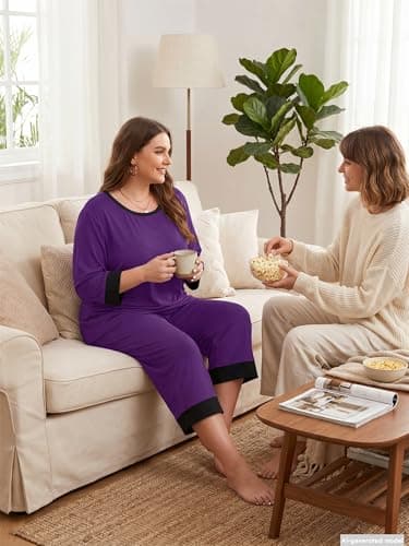 AusLook Women’s Plus Size Pajama Sets Purple 2X Soft 3/4 Sleeve Nightwear Top and Capri Pants Lounge Set with Pockets - Thumbnail 2